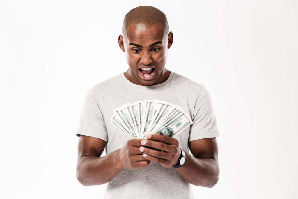 FAQ'S Emotional Screaming Young African Man Looking Money 1024x683
